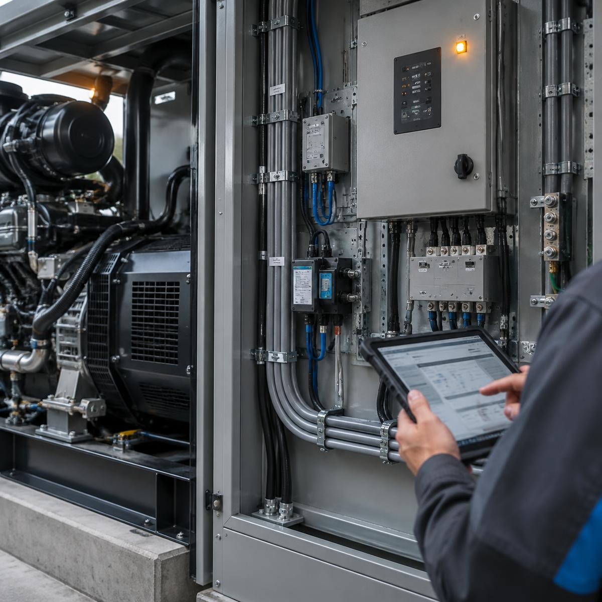 Technician inspecting backup power controls